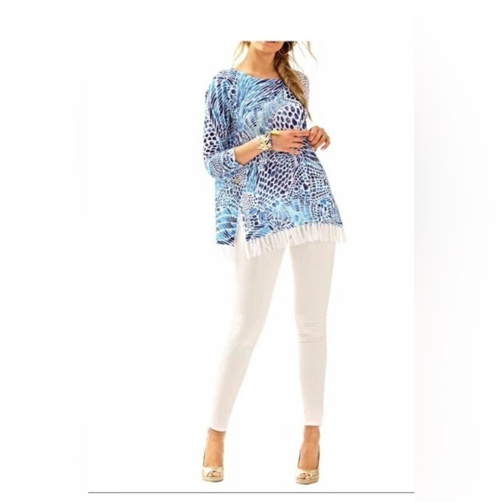 Lilly Pulitzer Ramona Sweater Brilliant Blue Tang Gang Fringe Hem M (EUC)